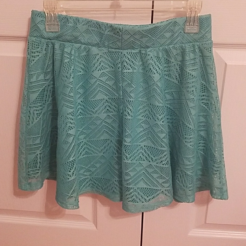 It Matters! Studio Geometric Lace Overlay Teal Blue Skater Flare Skirt
